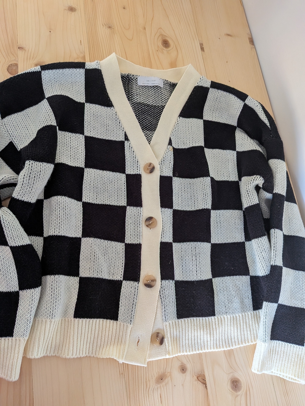 OAK + FORT Checkerboard Knit Cardigan — Black & Cream